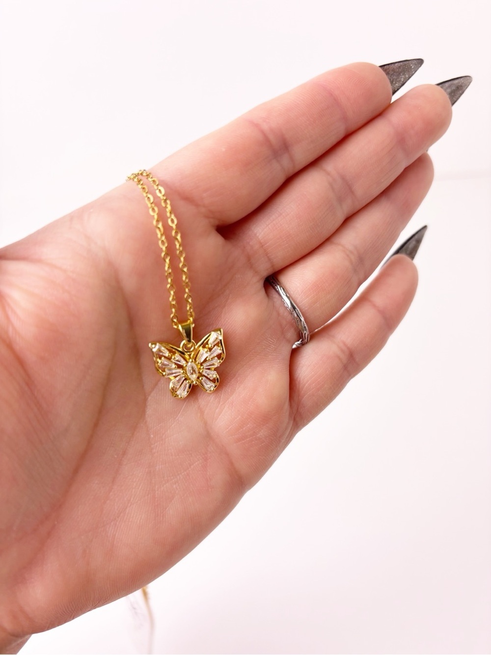 Gold Butterfly Necklace Stainless Steel | Cubic Zirconia Diamonds - Picture 2 of 8